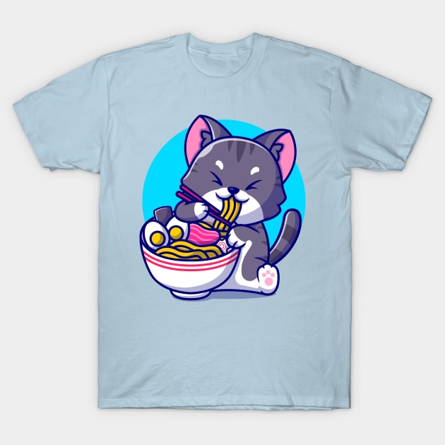 Cute Cat Eating Ramen Noodle With Chopstick Cartoon T-Shirt by Catalyst Labs